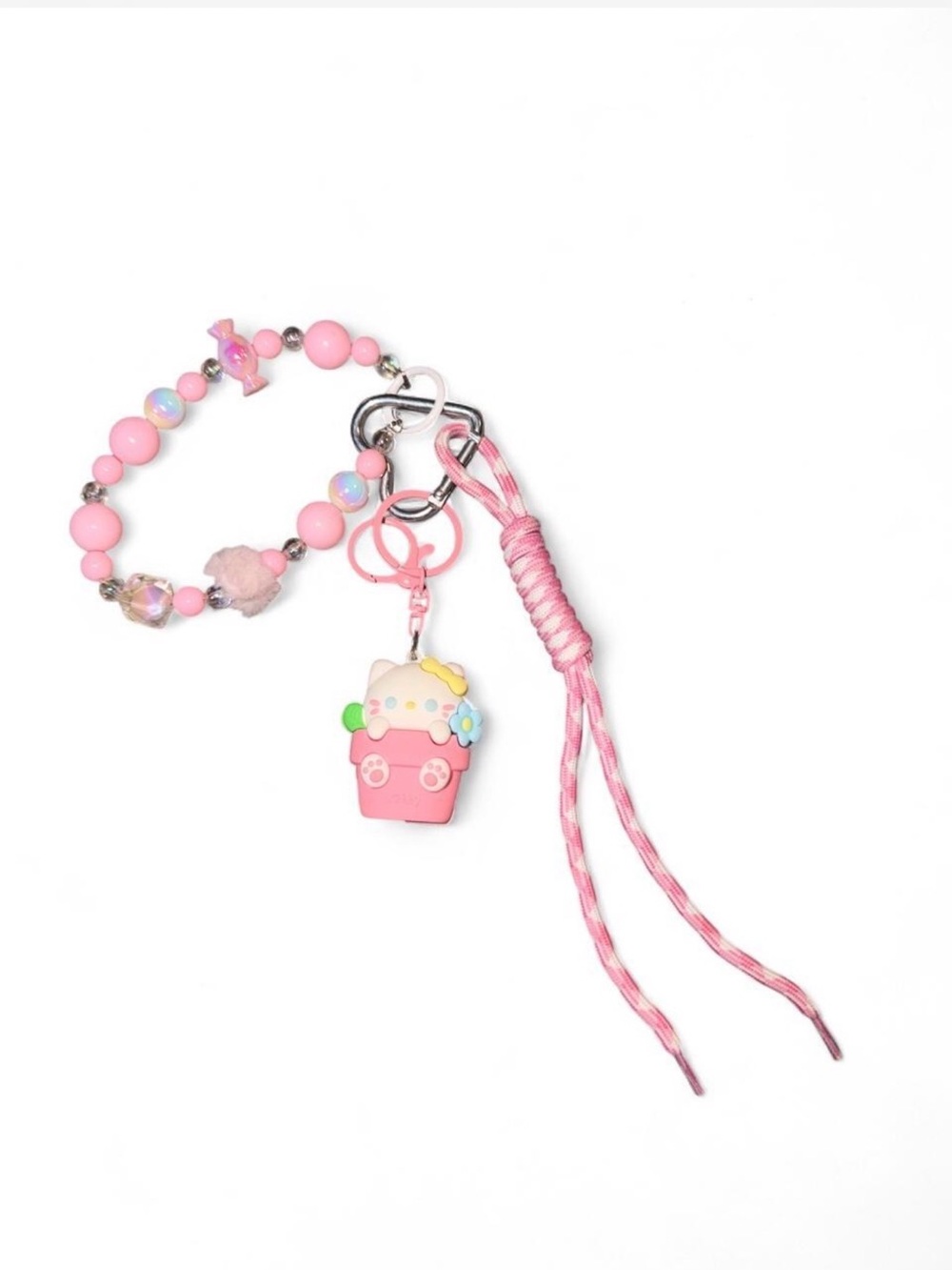 Pink Cupcake Charm Keychain with Beaded Bracelet